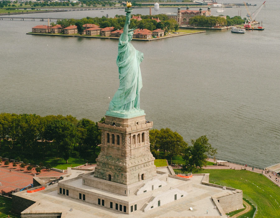 Aerial view of Liberty Island with the Statue of Liberty