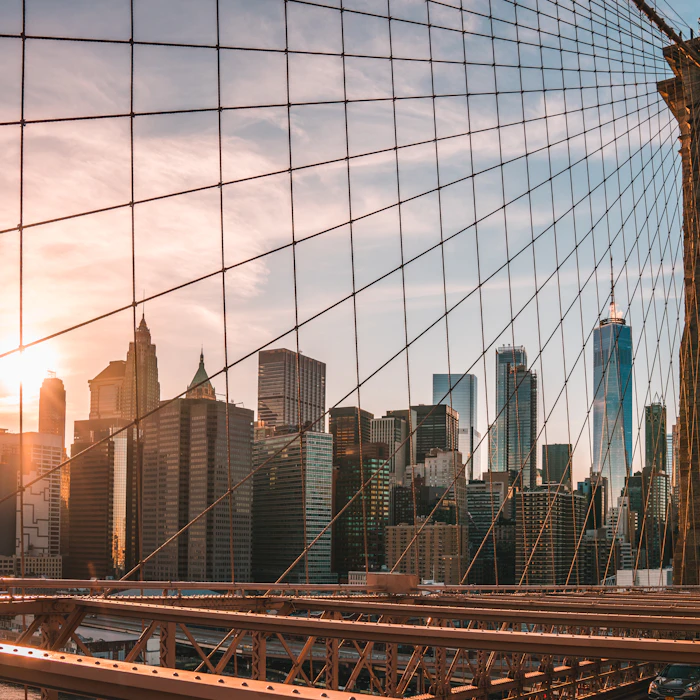 Brooklyn Bridge cables and the Manhattan skyline at sunset