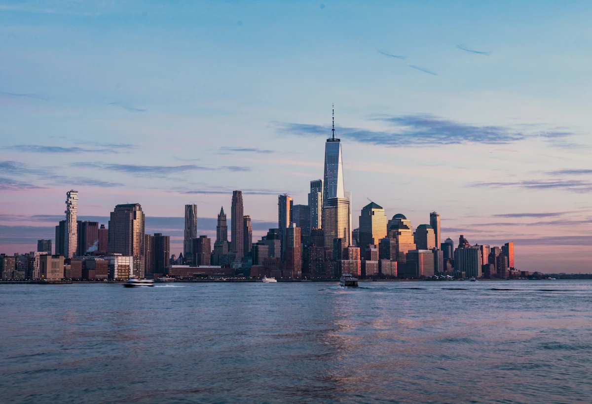 New York City skyline across the Hudson River at golden hour